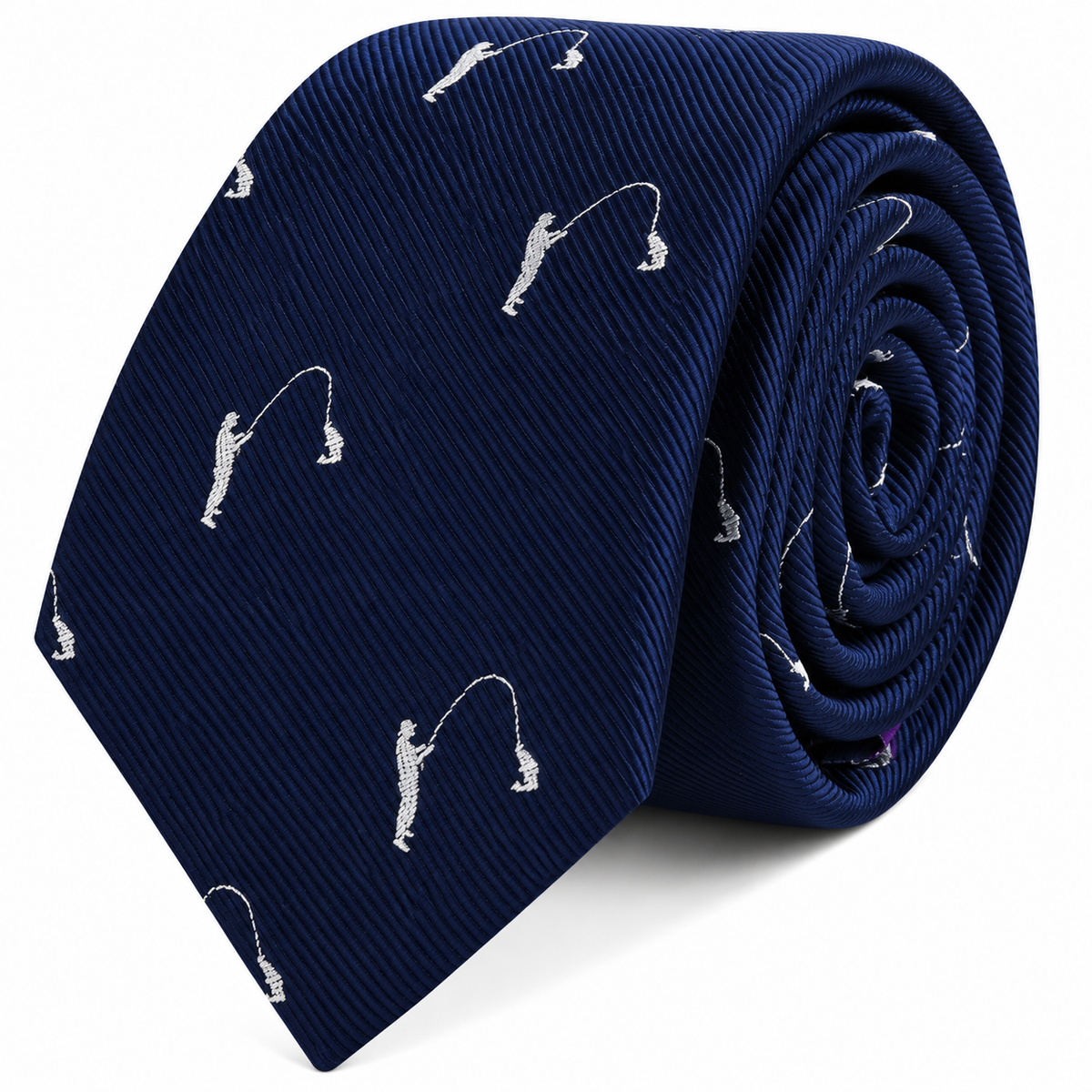 A coiled navy blue Fisherman Skinny Tie featuring a repeating pattern of white embroidered figures fly fishing.