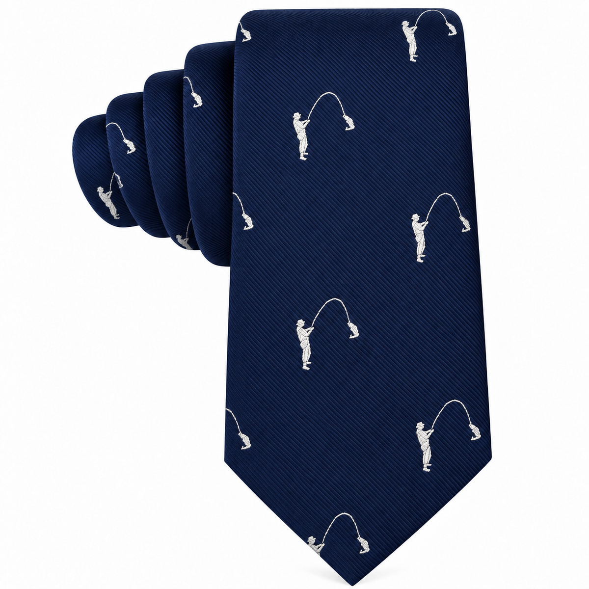 Fisherman Skinny Tie in navy blue featuring a repeated pattern of white line art illustrations of a person fishing.