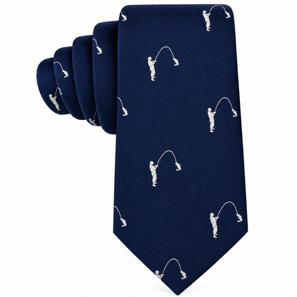 Fisherman Skinny Tie in navy blue featuring a repeated pattern of white line art illustrations of a person fishing.