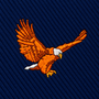 Flying Eagle Skinny Tie featuring an embroidered patch of a soaring orange eagle on a navy blue diagonal-ribbed fabric.