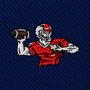 Football Hail Mary Skinny Tie featuring an embroidered patch of a football player in a red jersey throwing a football against a dark blue diagonal-striped background.