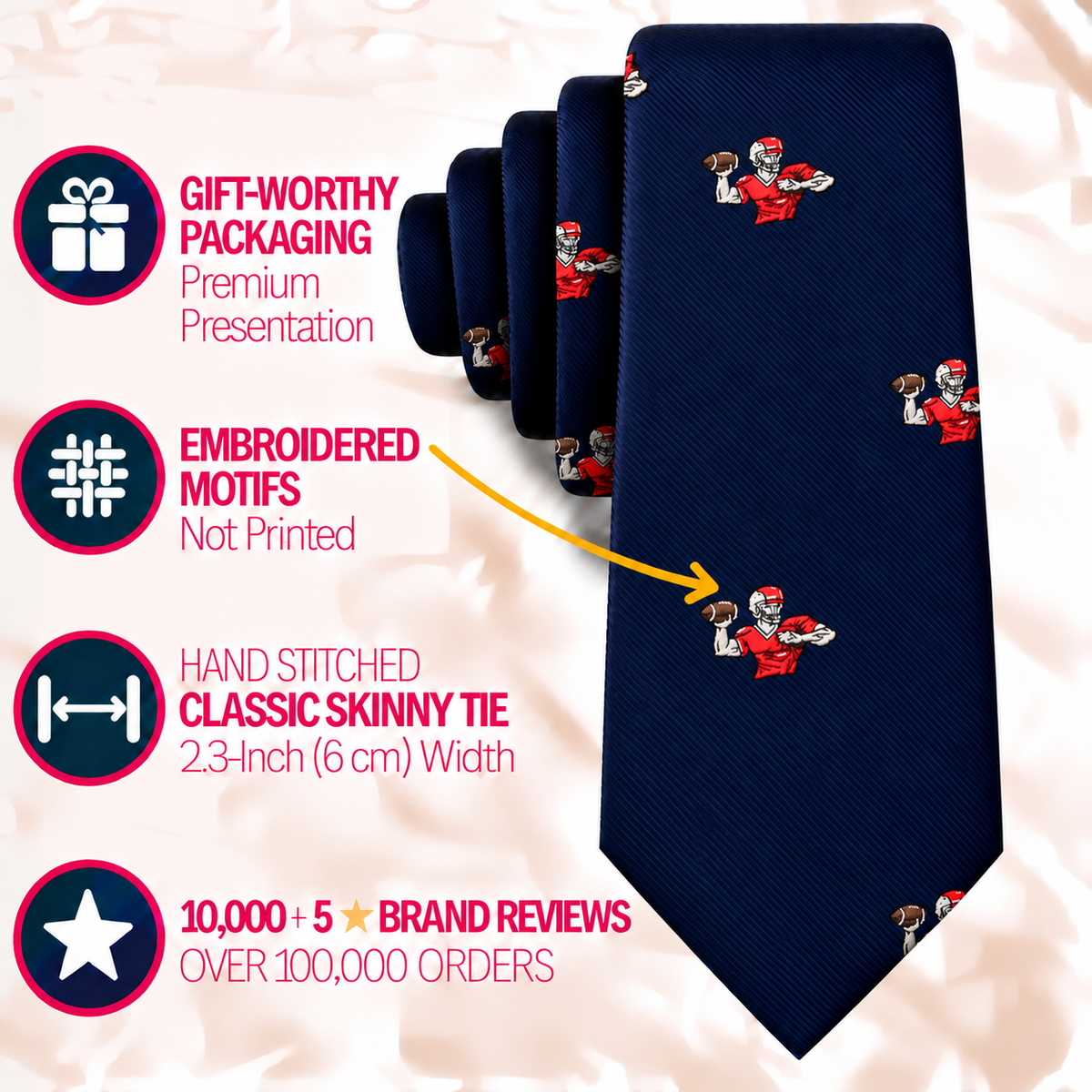 Football Hail Mary skinny tie in navy blue with repeating football player motifs, 2.3 inches wide, presented in gift-worthy packaging.