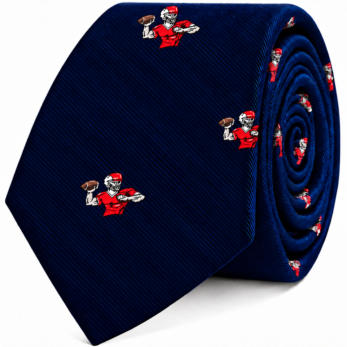 Football Hail Mary Skinny Tie in navy blue with a repeating pattern of football players in red jerseys throwing a football.