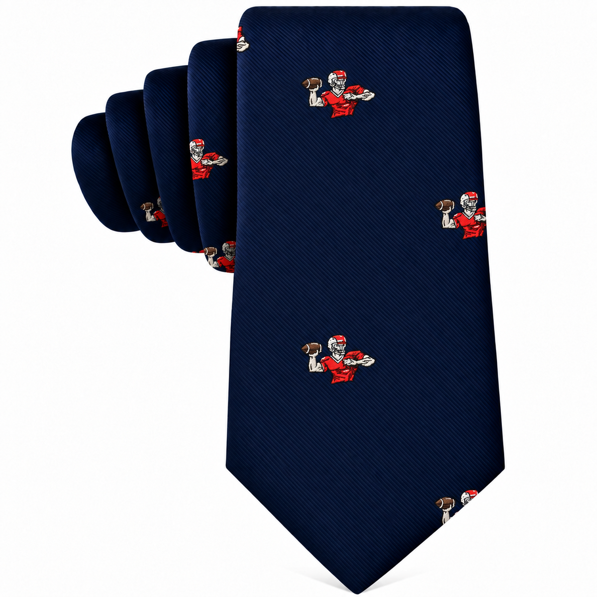 Football Hail Mary Skinny Tie in navy blue, featuring a repeating pattern of players throwing a football.