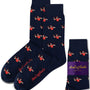 Capybara Socks (Copy) in navy blue feature small red Santa Claus patterns, made from cozy fabric for comfort. Branded by AusCufflinks Australia, shown as a pair and in a single folded display.