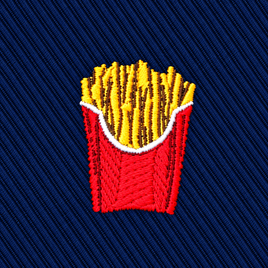 Embroidered patch of a red carton of French fries on a blue diagonal-ribbed fabric background of a Fries Skinny Tie.