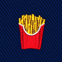 Embroidered patch of a red carton of French fries on a blue diagonal-ribbed fabric background of a Fries Skinny Tie.