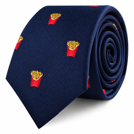 A navy blue Fries Skinny Tie featuring a repeated pattern of embroidered french fry cartons.