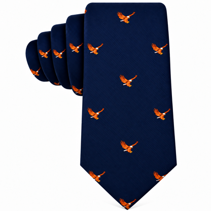A dark blue Flying Eagle Skinny Tie patterned with small illustrations of flying eagles.