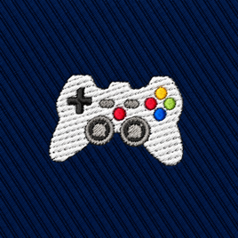 Embroidered patch of a white video game controller on a Game Controller Skinny Tie.