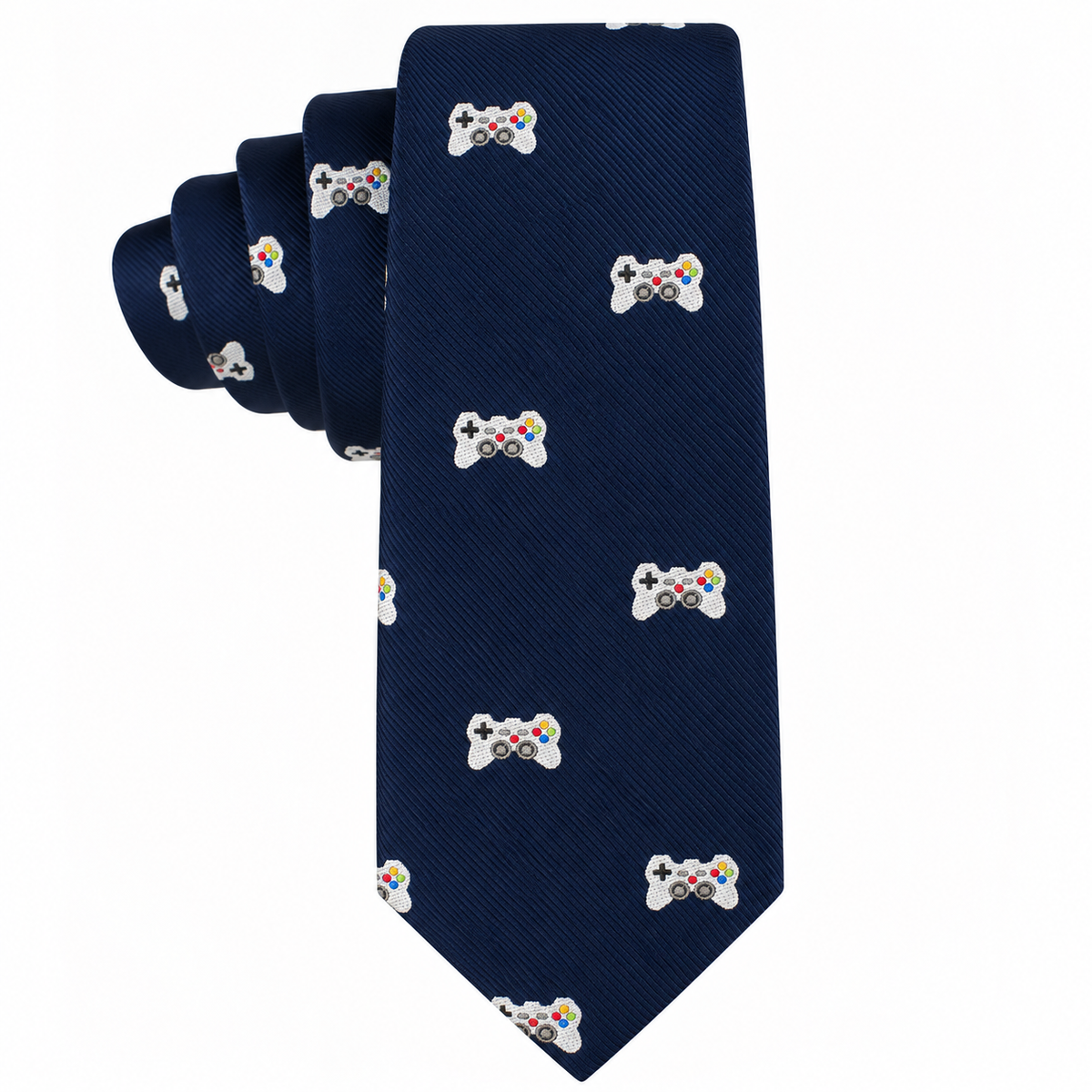 A navy blue Game Controller Skinny Tie with a repeated pattern of small white and multicolored video game controllers.