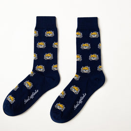 A pair of Gamer DJ Socks in navy blue, featuring repeating yellow and white wildcat faces and white cursive text by the toes, displayed against a white background.