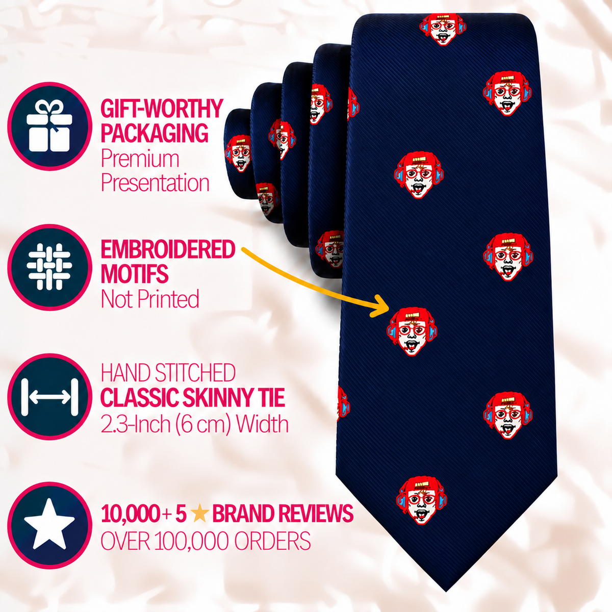 A navy blue Gamer Face Skinny Tie featuring repeating embroidered motifs of a red-headphoned face, with text overlays highlighting premium packaging, hand-stitched construction, and brand reviews.