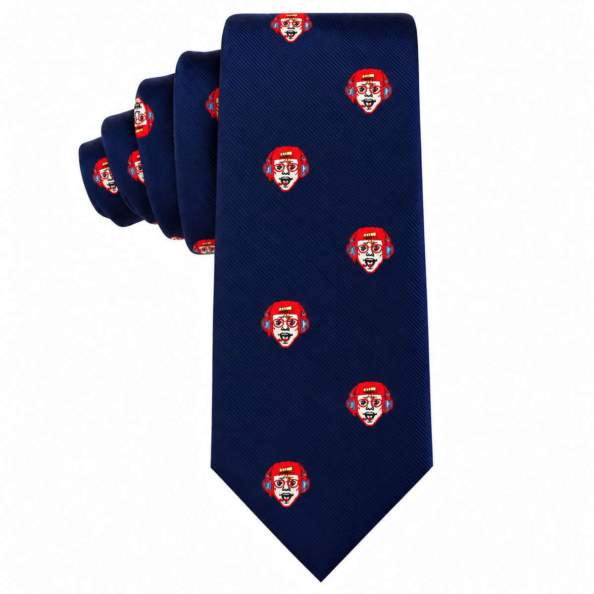 A navy blue Gamer Face Skinny Tie patterned with small, repeating icons of a person wearing a red headset.