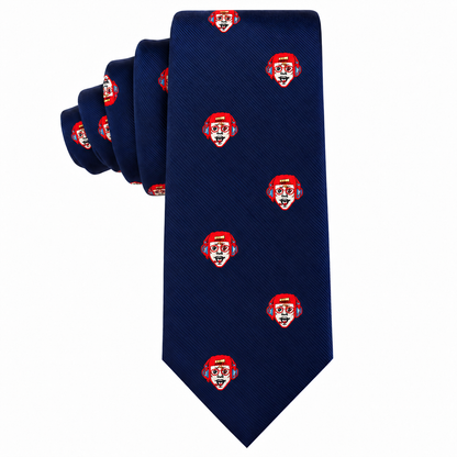 A navy blue Gamer Face Skinny Tie patterned with small, repeating icons of a person wearing a red headset.