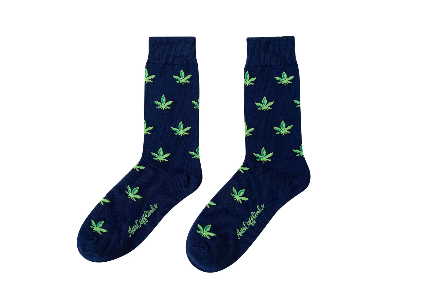 Weed Socks: Navy blue socks  featuring a repeating pattern of green cannabis leaves and white script text by the toes.