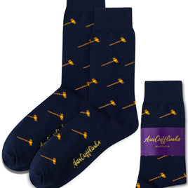 Gavel Socks in navy blue with a yellow gavel pattern, showcasing “AusCufflinks Australia” branding and a purple band around one sock.
