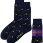 Gavel Socks in navy blue with a yellow gavel pattern, showcasing “AusCufflinks Australia” branding and a purple band around one sock.
