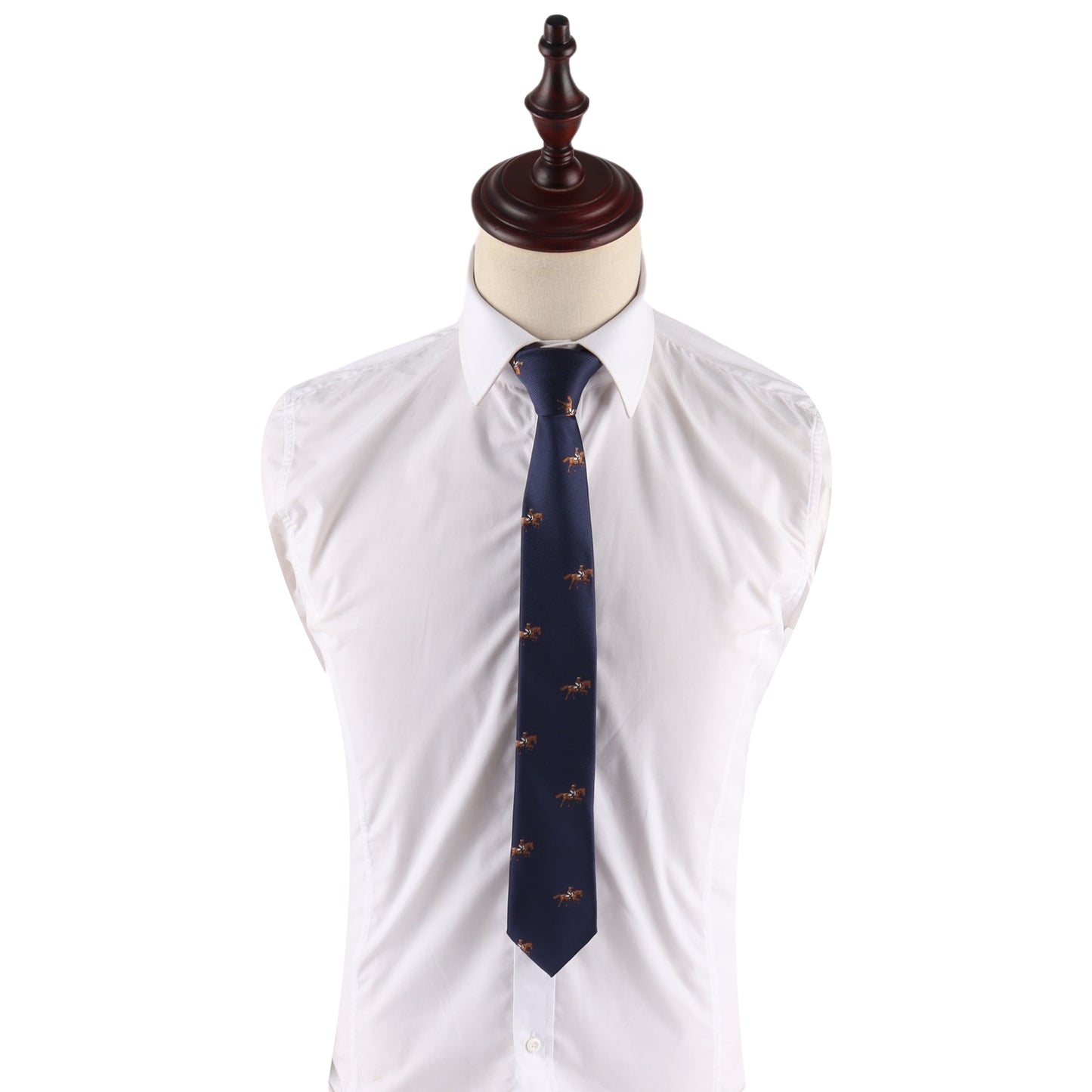 A dress mannequin displays a white button-up shirt and the Giddy Up Horse Racing Skinny Tie, featuring a small embroidered horse pattern, set against a plain background.