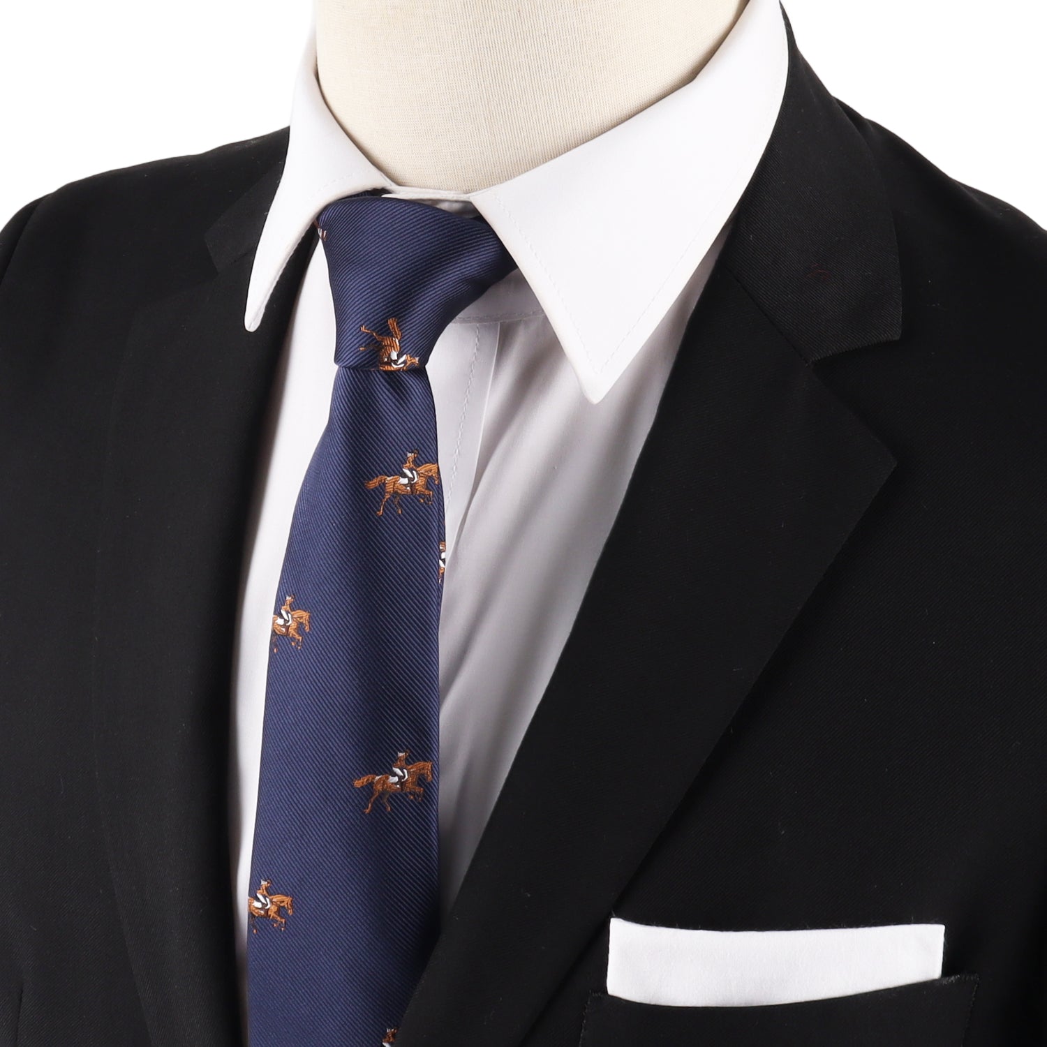 A close-up of a person wearing a black suit, white shirt, and the Giddy Up Horse Racing Skinny Tie—an ideal standout accessory for derby day.