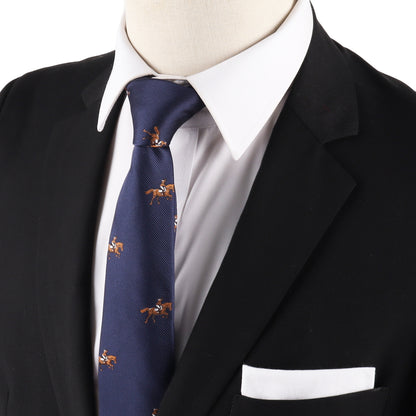 A close-up of a person wearing a black suit, white shirt, and the Giddy Up Horse Racing Skinny Tie—an ideal standout accessory for derby day.
