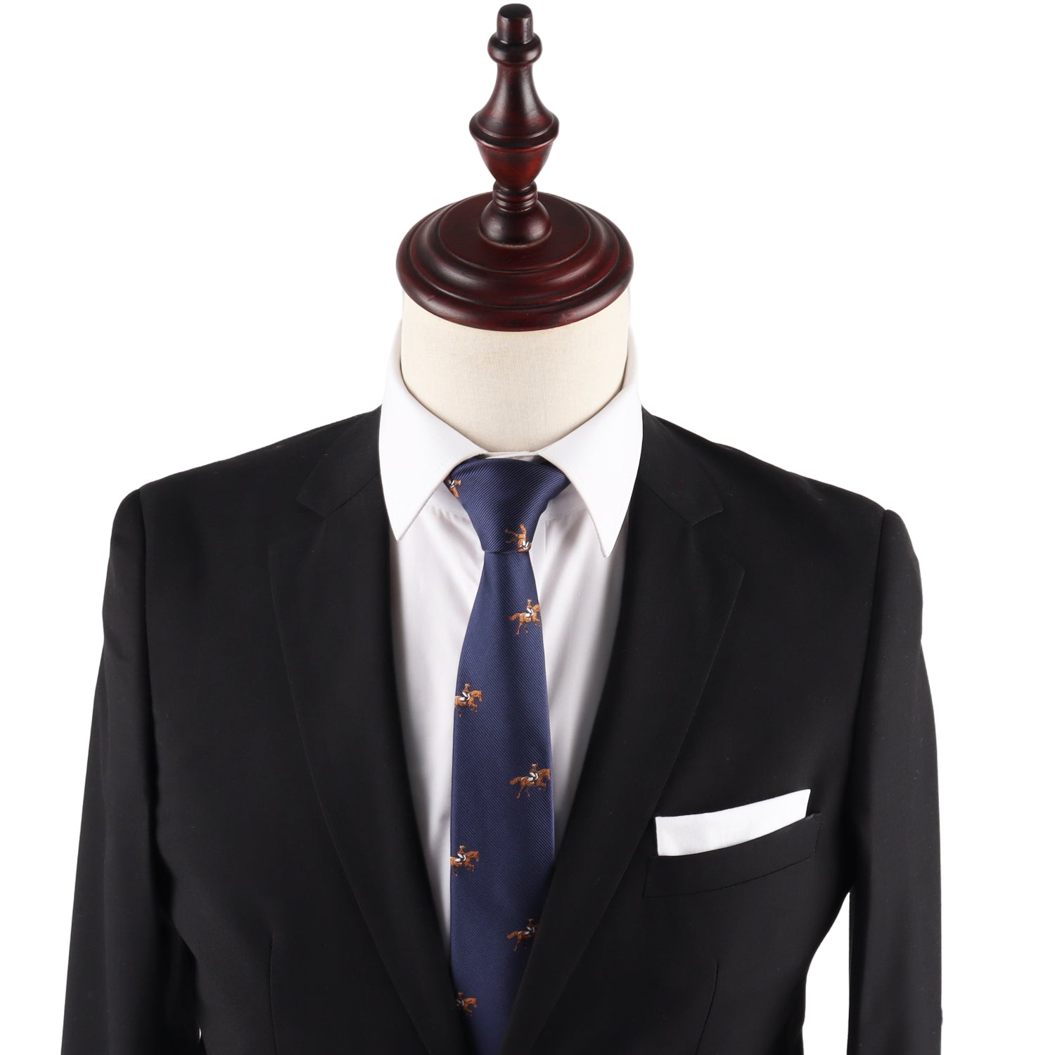 Mannequin dressed in a black suit, white shirt, Giddy Up Horse Racing Skinny Tie, and a white pocket square—perfect derby day look—set against a plain background.