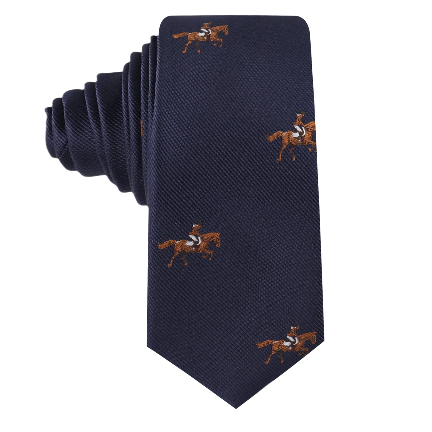 The Giddy Up Horse Racing Skinny Tie is a navy blue tie with a repeating embroidered jockey on a brown horse—ideal for horse racing fans and derby day style.
