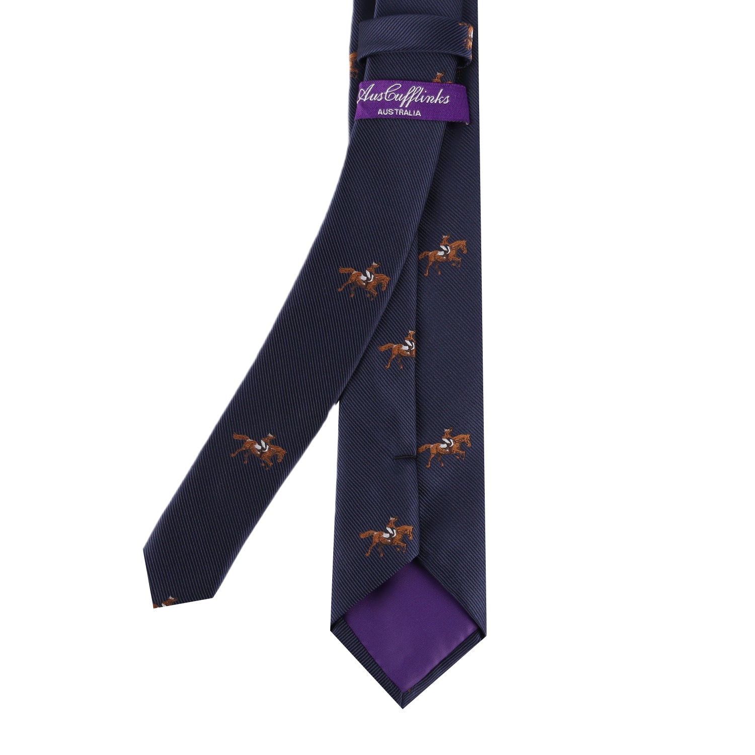 The Giddy Up Horse Racing Skinny Tie in navy blue features a subtle pattern and small embroidered horses, a purple lining, and a "JustCufflinks AUSTRALIA" label—an ideal accessory for derby day.