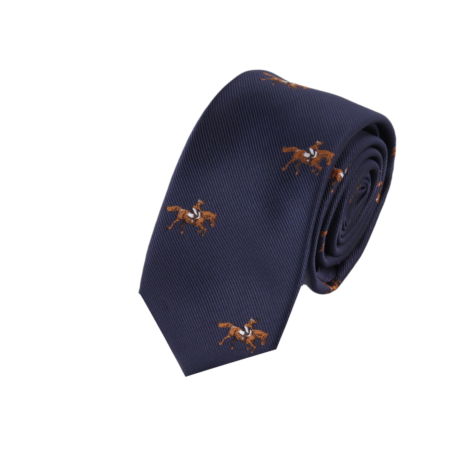 The Giddy Up Horse Racing Skinny Tie is a navy blue tie featuring a repeating pattern of small brown horses and riders, shown rolled up against a white background.