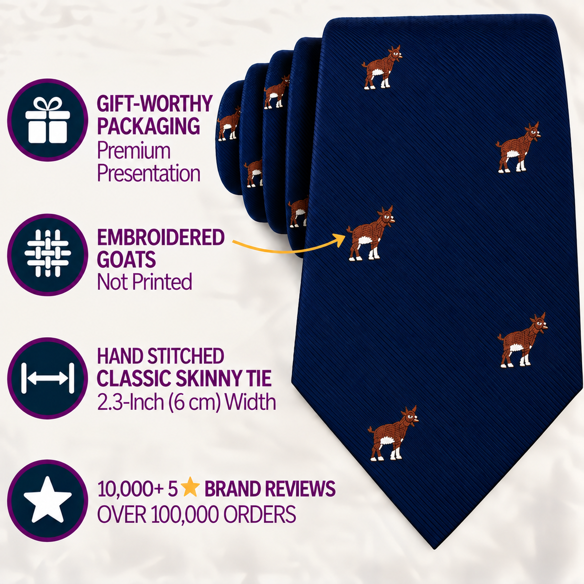 The Billy Goat Skinny Tie is a navy blue skinny tie adorned with a brown goat print, showcased alongside text emphasizing its premium packaging, hand-stitched quality, and exceptional customer reviews. This slim-cut accessory seamlessly blends distinctive style with artisanal craftsmanship for an elevated and refined look.
