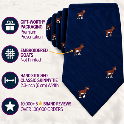 The Billy Goat Skinny Tie is a navy blue skinny tie adorned with a brown goat print, showcased alongside text emphasizing its premium packaging, hand-stitched quality, and exceptional customer reviews. This slim-cut accessory seamlessly blends distinctive style with artisanal craftsmanship for an elevated and refined look.