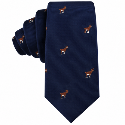 The Billy Goat Skinny Tie is a navy blue, slim-cut accessory featuring a repeating pattern of brown goats with white hooves and horns.