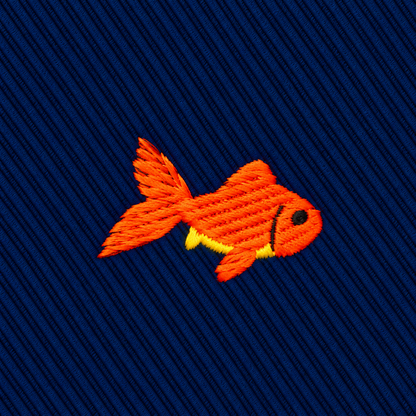 An embroidered orange goldfish on a blue, diagonally ribbed Goldfish Skinny Tie.