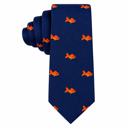A navy blue Goldfish Skinny Tie with a repeating goldfish pattern.