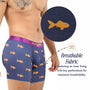 A man models Goldfish Underwear: navy boxers with orange fish print and a purple waistband; inset displays close-up of tiny perforations, highlighting the breathable, moisture-wicking fabric ideal for quirky style fans.