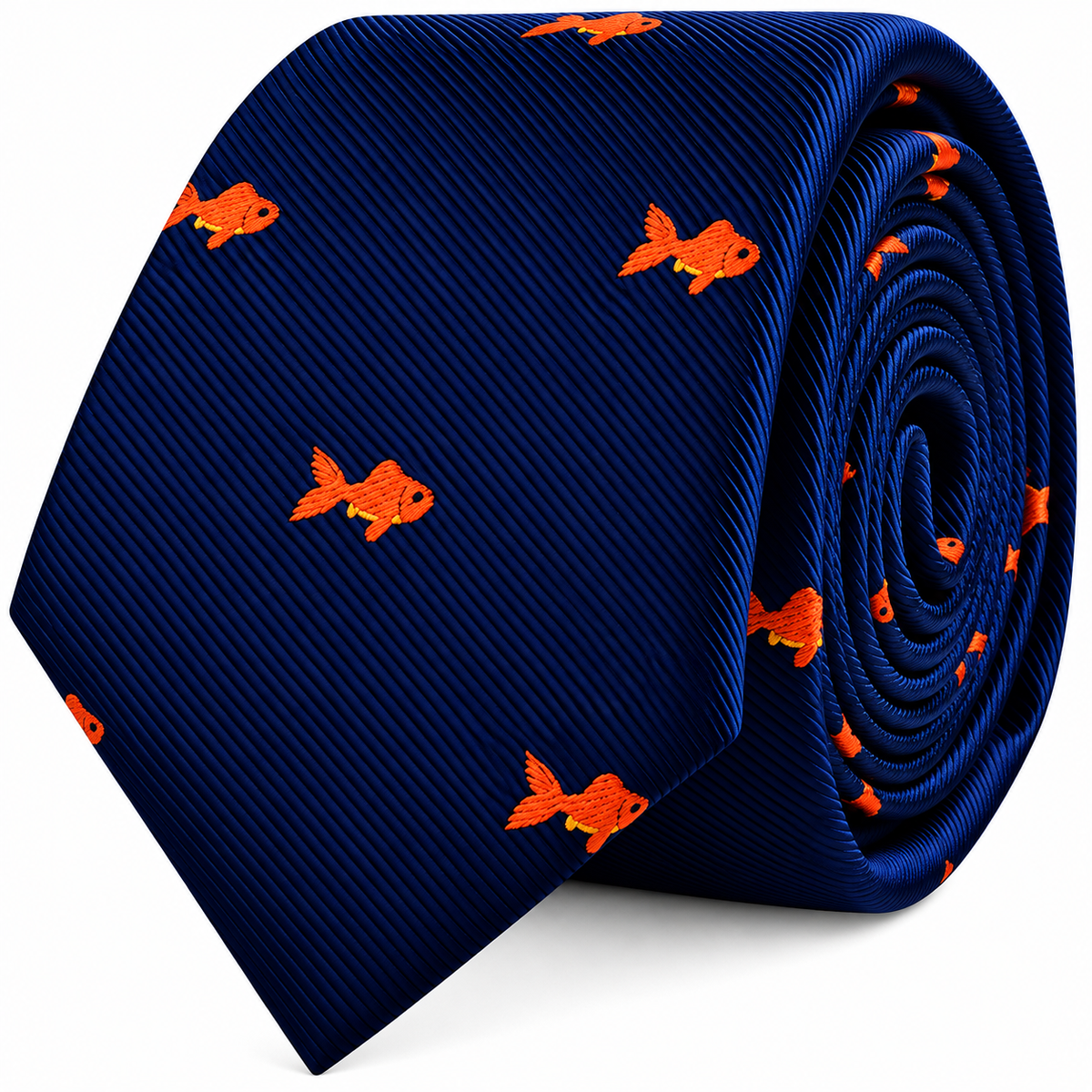 A dark blue Goldfish Skinny Tie with an embroidered orange goldfish pattern, coiled into a roll.
