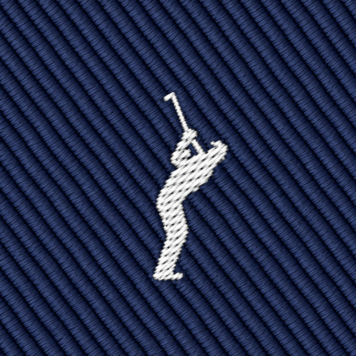 Featuring a white embroidered silhouette of a golfer swinging a club against a textured dark blue diagonal patterned background, the Golf Swing Skinny Tie is the perfect golf gift for enthusiasts or a distinctive addition to your own collection.