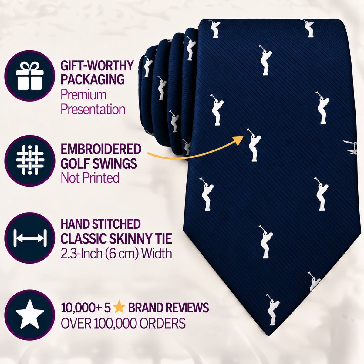 The Golf Swing Skinny Tie in navy blue features a white embroidered golfer pattern, comes in gift packaging, boasts a hand-stitched slim design, and has received over 10,000 five-star reviews—making it the perfect golf gift for enthusiasts.