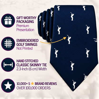 The Golf Swing Skinny Tie in navy blue features a white embroidered golfer pattern, comes in gift packaging, boasts a hand-stitched slim design, and has received over 10,000 five-star reviews—making it the perfect golf gift for enthusiasts.