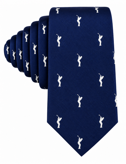 A stack of Golf Swing Skinny Ties in blue, each featuring a repeating white golfer silhouette pattern, displayed overlapping from largest to smallest—making it a perfect gift for golf enthusiasts seeking a stylish golfer tie.