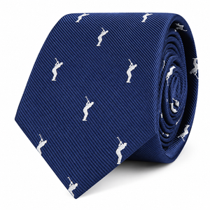 Golf Swing Skinny Tie in blue, showcasing a repeating pattern of small white golfer silhouettes mid-swing, presented rolled up on a white background—a perfect golf gift for any enthusiast.