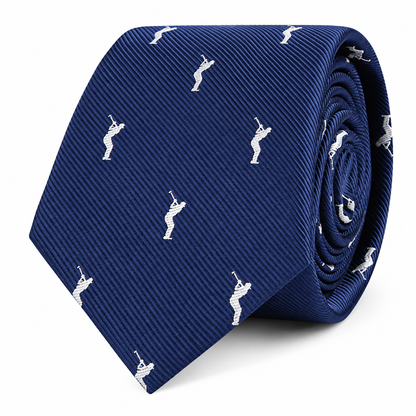 Golf Swing Skinny Tie in blue, showcasing a repeating pattern of small white golfer silhouettes mid-swing, presented rolled up on a white background—a perfect golf gift for any enthusiast.