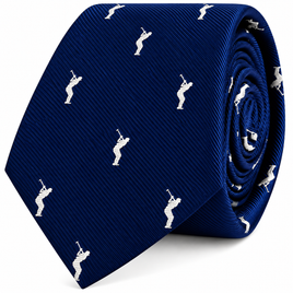 Golf Swing Skinny Tie in dark blue with a repeating pattern of white figures swinging golf clubs, coiled on a white background.