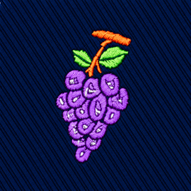 An embroidered patch of a cluster of purple grapes with a green leaf and orange stem on a Grapes Skinny Tie.