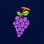 An embroidered patch of a cluster of purple grapes with a green leaf and orange stem on a Grapes Skinny Tie.