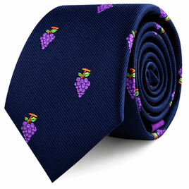 A navy blue Grapes Skinny Tie featuring a repeating pattern of embroidered purple grapes.