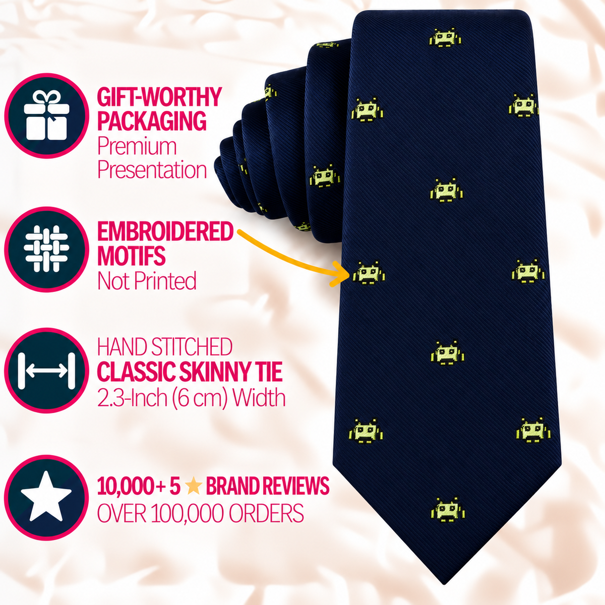 A Green Space Invader Skinny Tie featuring a pattern of small yellow pixelated aliens, with embroidered motifs, gift-worthy packaging, and high company review statistics.