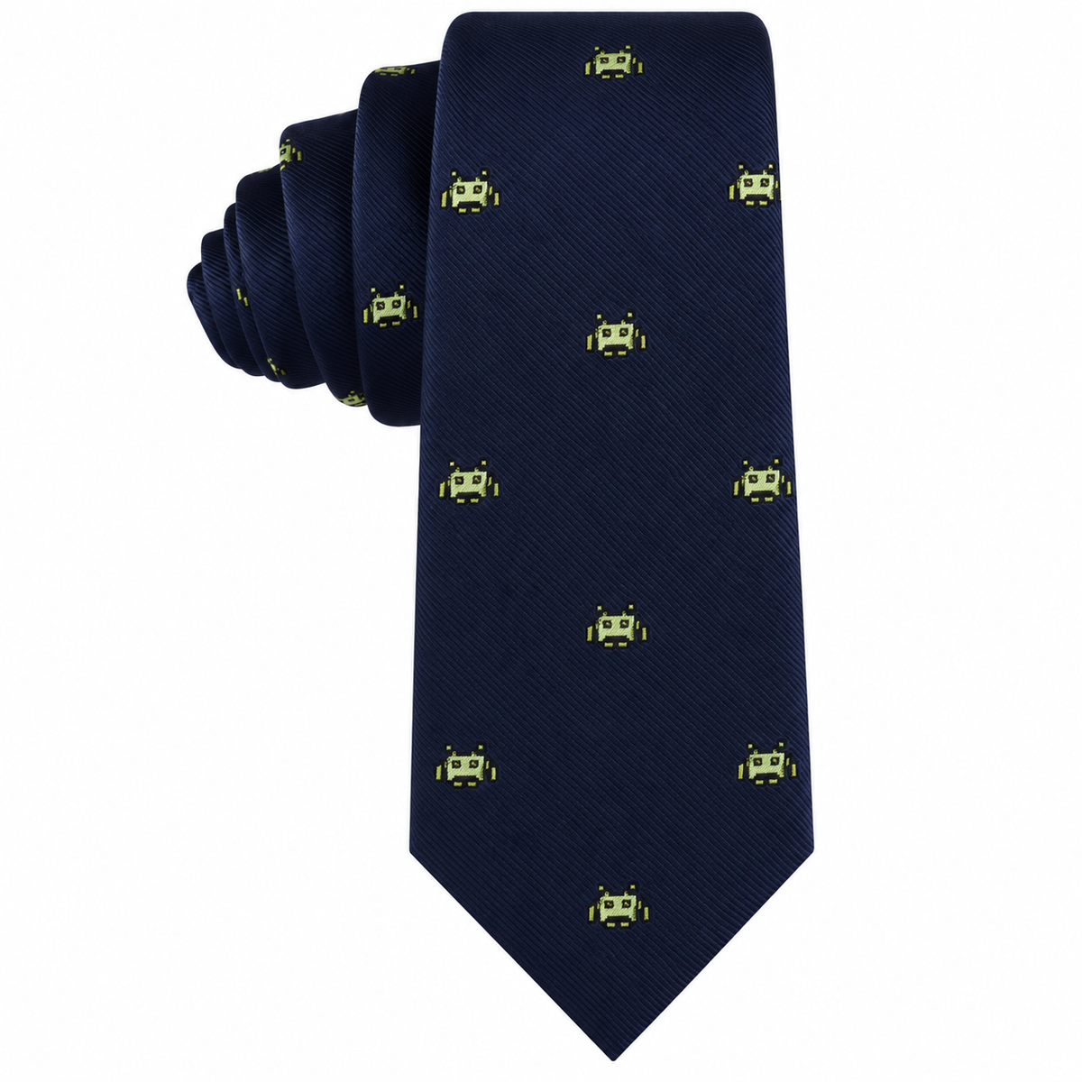 Green Space Invader Skinny Tie in dark navy blue featuring a repeating pattern of small, pixelated green alien icons.