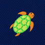 A narrow, dark blue Green Turtle Skinny Tie featuring an embroidered pattern of a bright green and orange sea turtle.