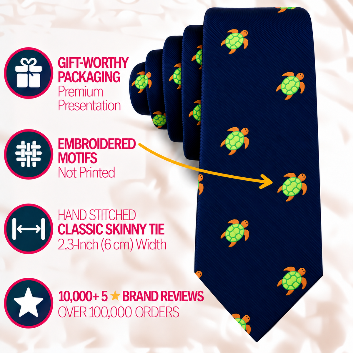 A navy blue Green Turtle Skinny Tie patterned with small green and orange turtles, with text callouts highlighting its embroidered motifs, packaging, dimensions, and customer reviews.